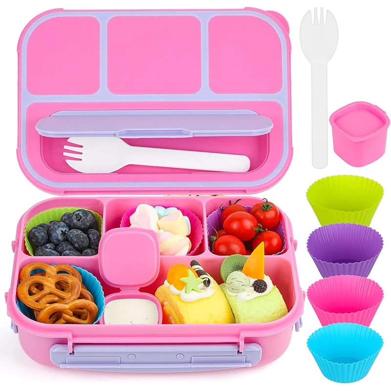 Custom Logo School Kids Children Bento Lunch Box Plastic Food Storage Container with Silicone Muffin Cups