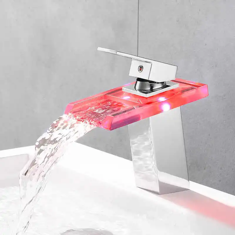LED waterfall faucet, cold and hot water table basin bathroom temperature control color luminescent glass washbasin faucet