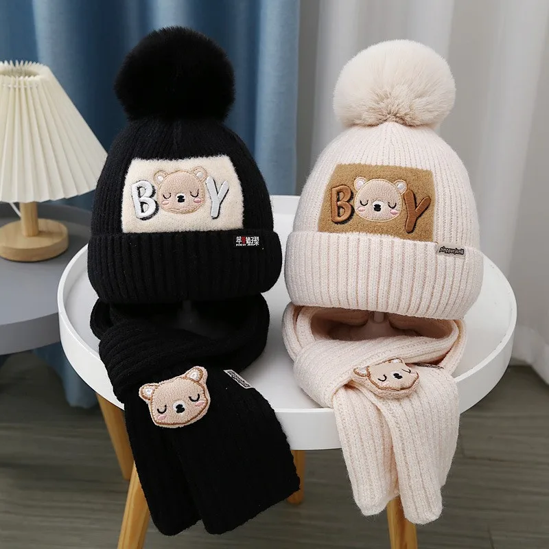 Syh1056 Children Pure Color Warm Hat Scarf Set Winter Hat Knitted Beanies Hat Knitted Beanie Boys Girls Solid caps