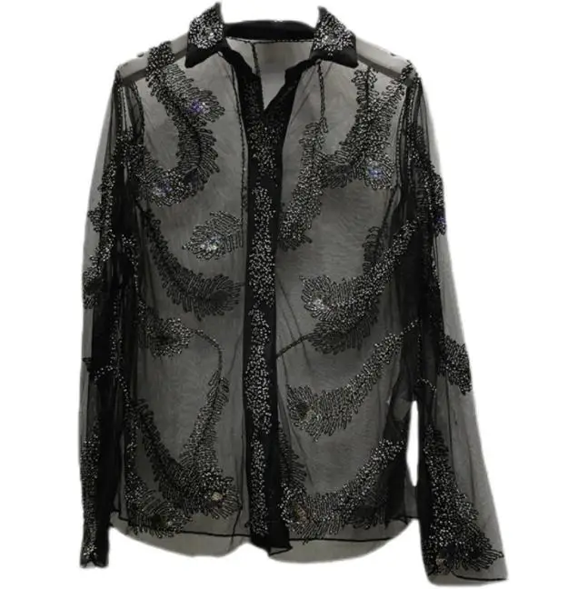 Fashion New Sexy Blouses Women Beaded See Through Mesh Tops Female Long-Sleeved Lapel Shirt Wholesale