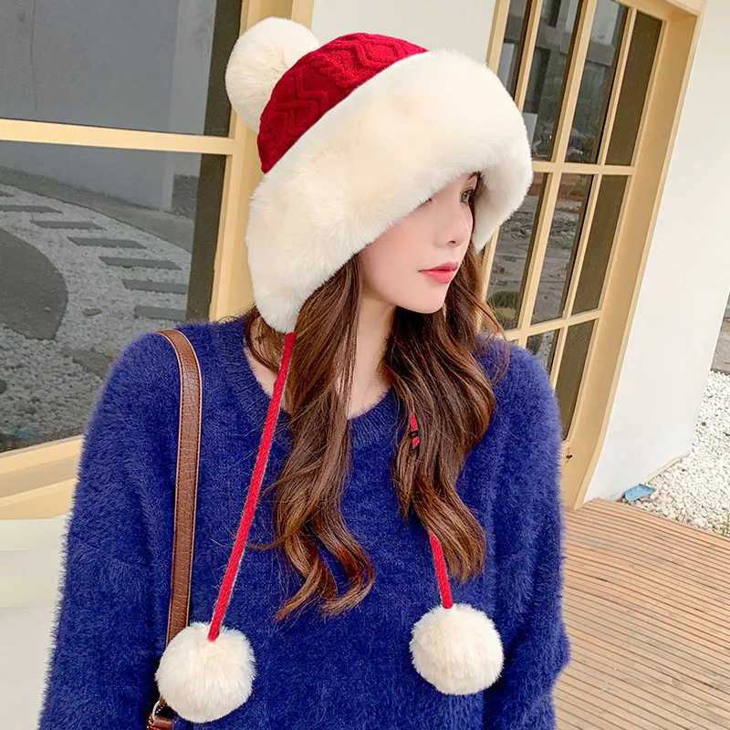 winter hats man and woman knitted Beanie Hats with Fur Pompom hair ball velvet thickened