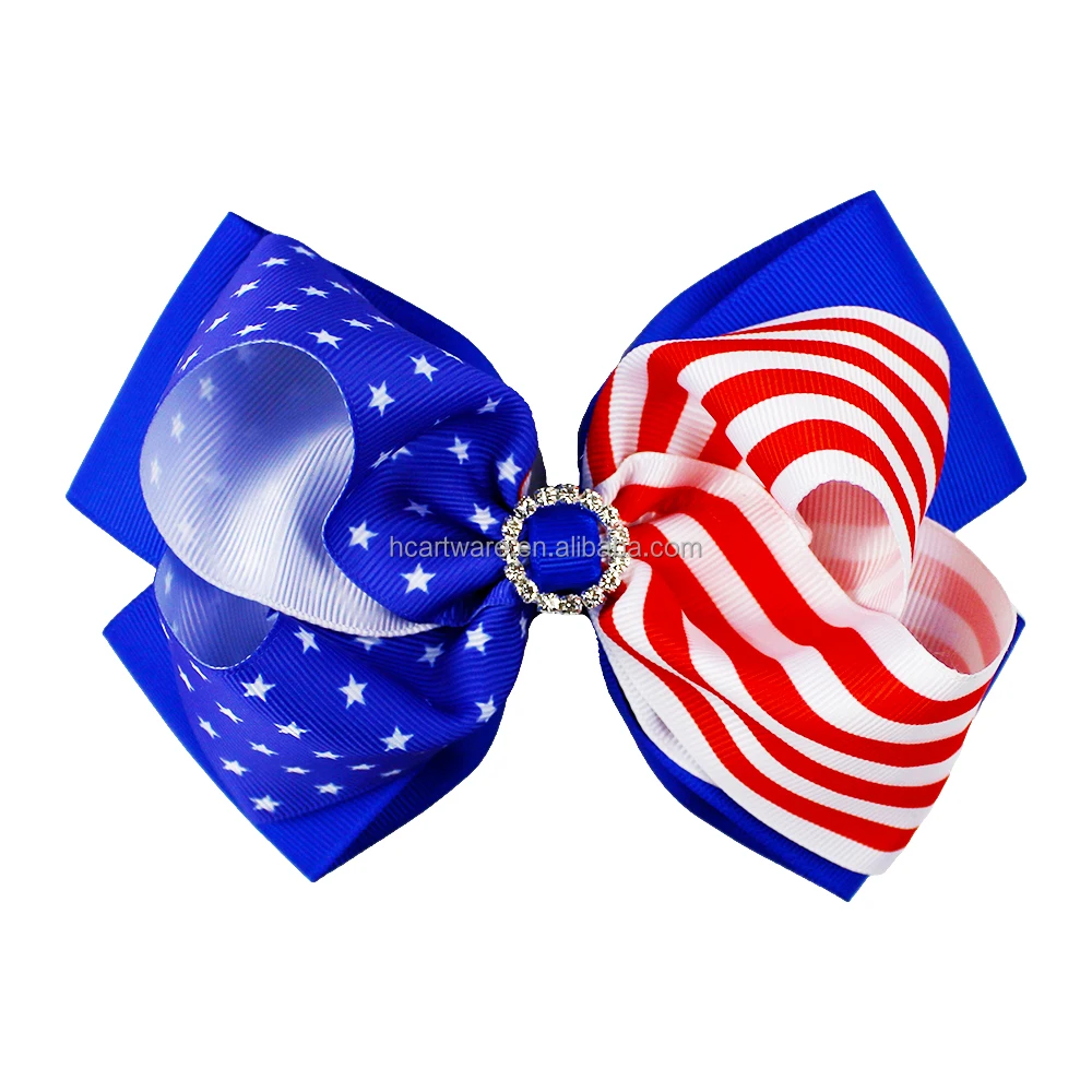 New Hot Sale 6-Inch Double Ribbon Hair Bow July 4 Independence Day Bow Hairpin For Girls With Premium Rhinestones