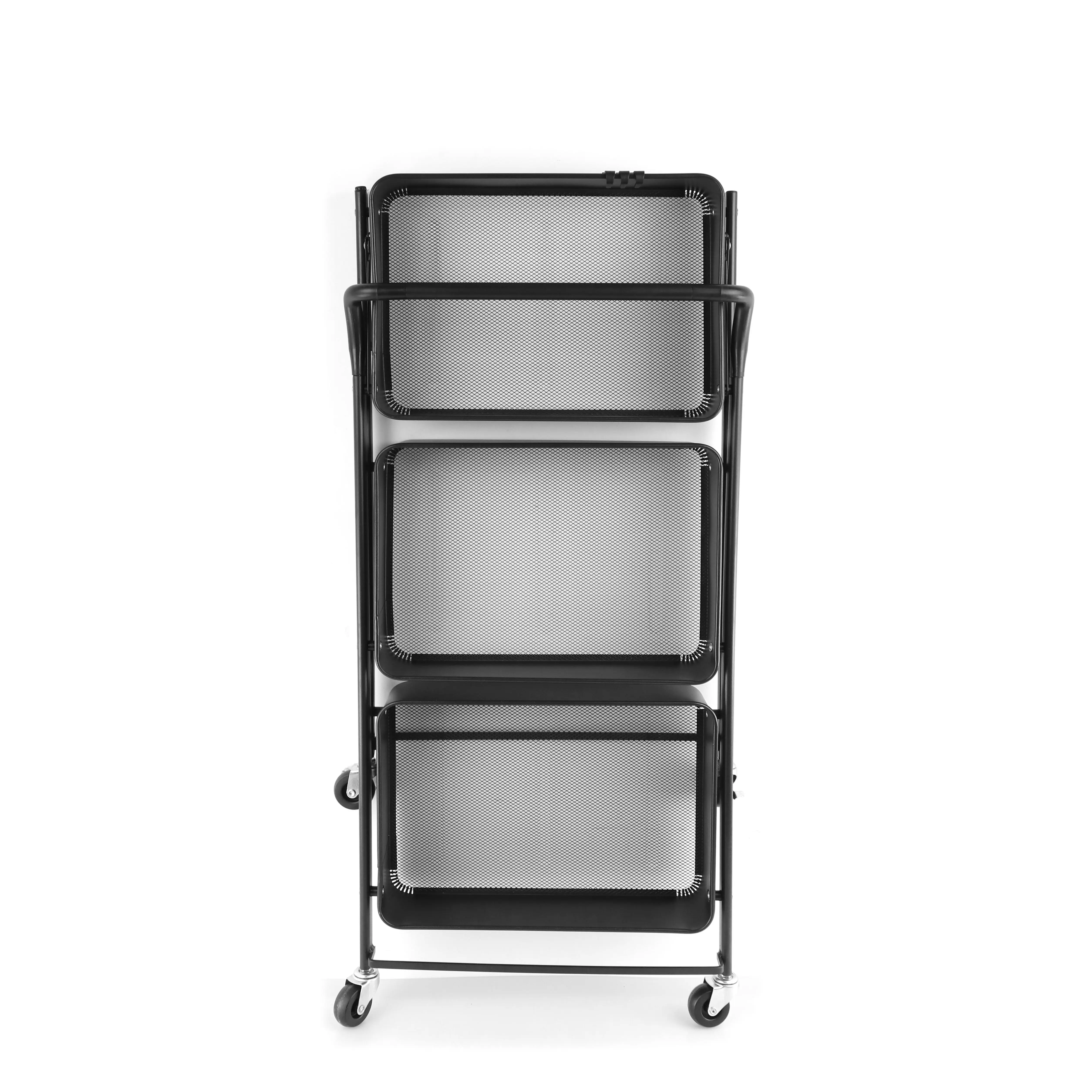 Foldable Metal hand carts & trolleys 3 tier with wheels black color