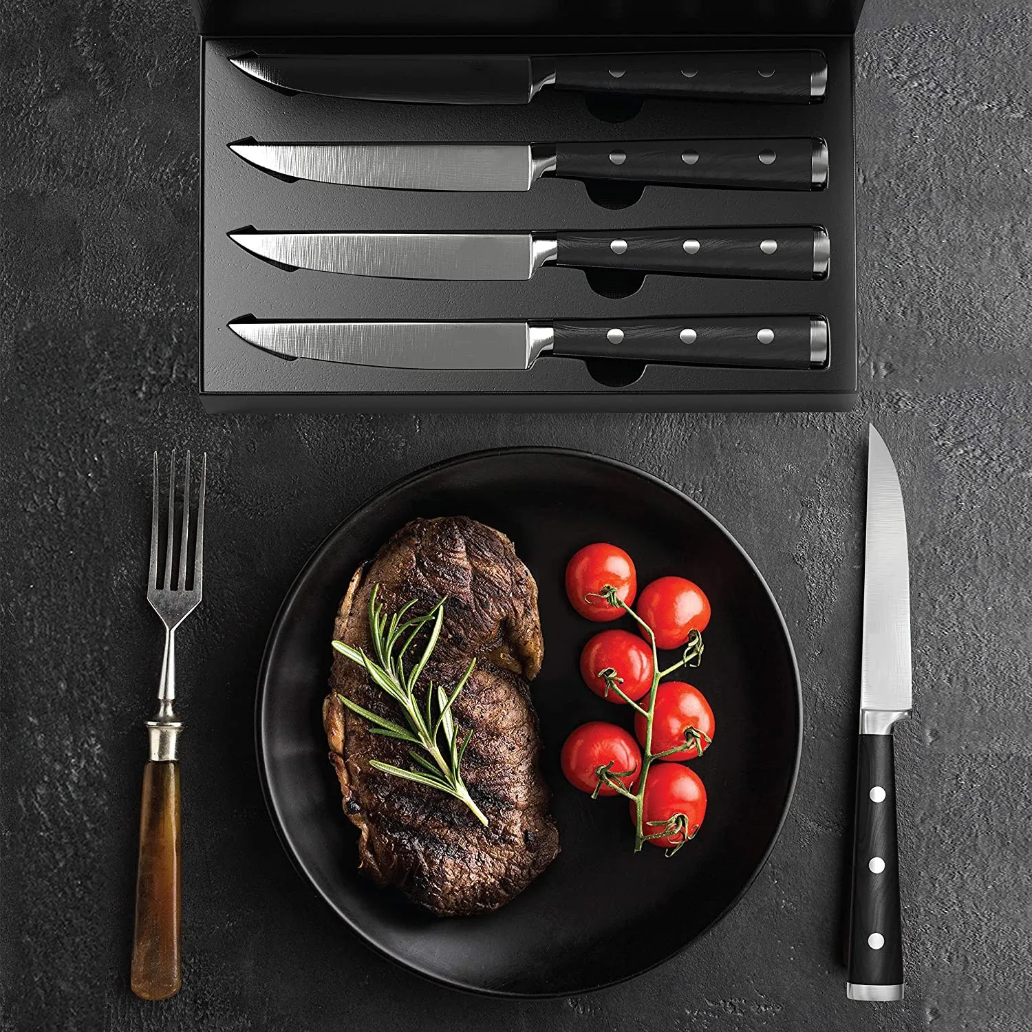 Cutluxe Steak Knives - Plain Edge Steak Knife Set of 4 - Forged High Carbon German Steel - High End Ergonomic Handle Large Steak