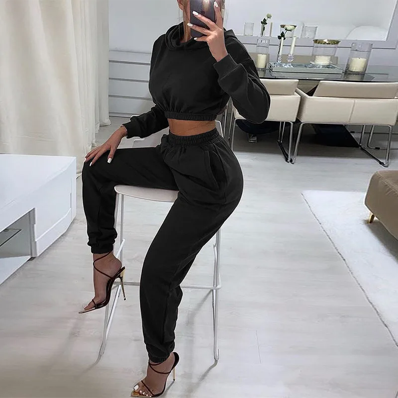 2021 Hot Selling Hooded High Waist Pants Casual Joggers Workout Sweater Two Piece Set Women Clothing