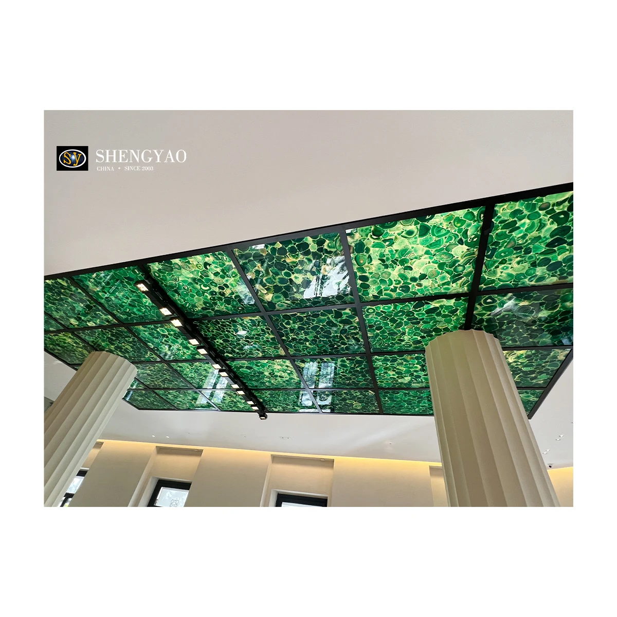 Luxury Natural Polished Backlit Green Onyx Crystal Agate Stone Ceiling Tiles