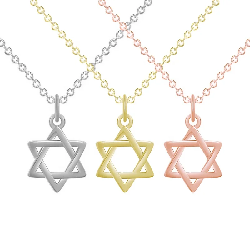 14k Gold plated Jewish Gold David Star Necklace Neutral Hex Star Heart Lucky Necklace 925 sterling silver