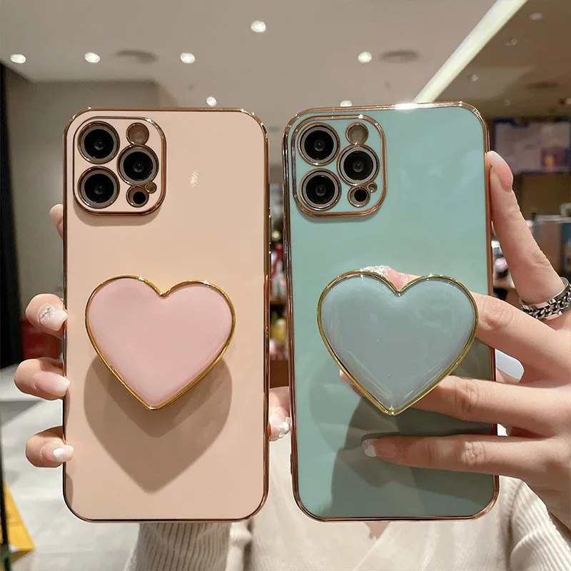 Fashion Luxury Plating 3D Cute Love Heart Phone Stand Holder Case For iPhone 14 13 Pro Max 12 11 XR 7 8 Plus Shockproof Cover