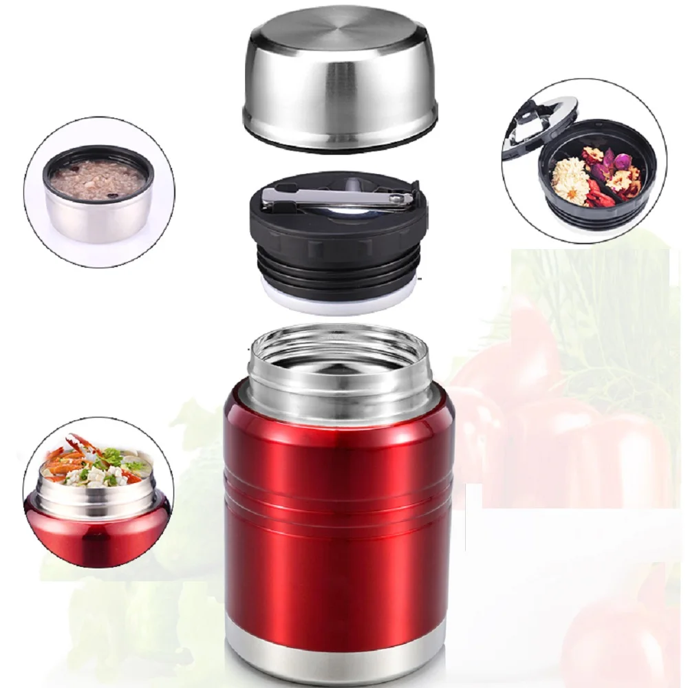 Double Lids Stainless Steel Food Jar Vacuum Food Container Round With Steel Spoon