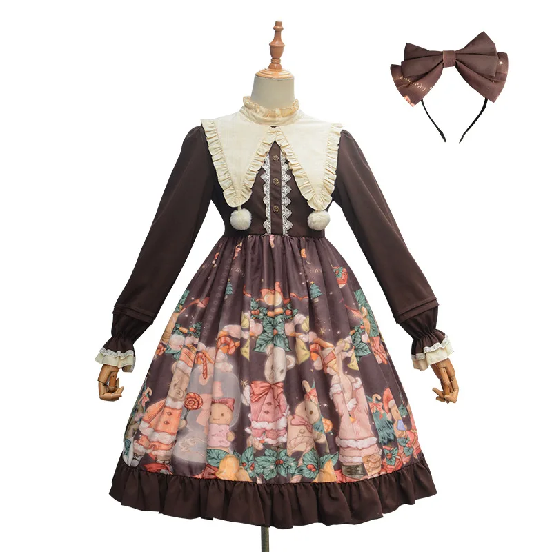New Autumn and Winter New Original Design Cute Christmas Bear Printed Long Sleeved Sweet Op Lolita Dress for Girls