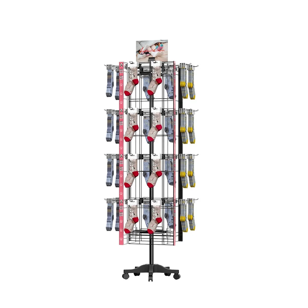 Floorstanding Rotating 4 Sided Sock Display Rack Happy Sock Display Rack Store Display Stand for Socks