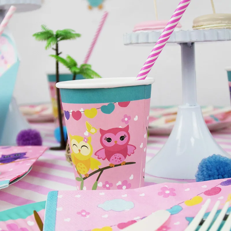 For 8 Guests-Party Supplies Owl Theme Tableware Sets Disposable Paper Plates Cups Napkins Kids Girls Birthday Wholesale