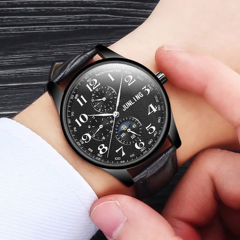 Simple Round Black Watchband Fashion Sun Digital Stainless Steel Quartz Watch