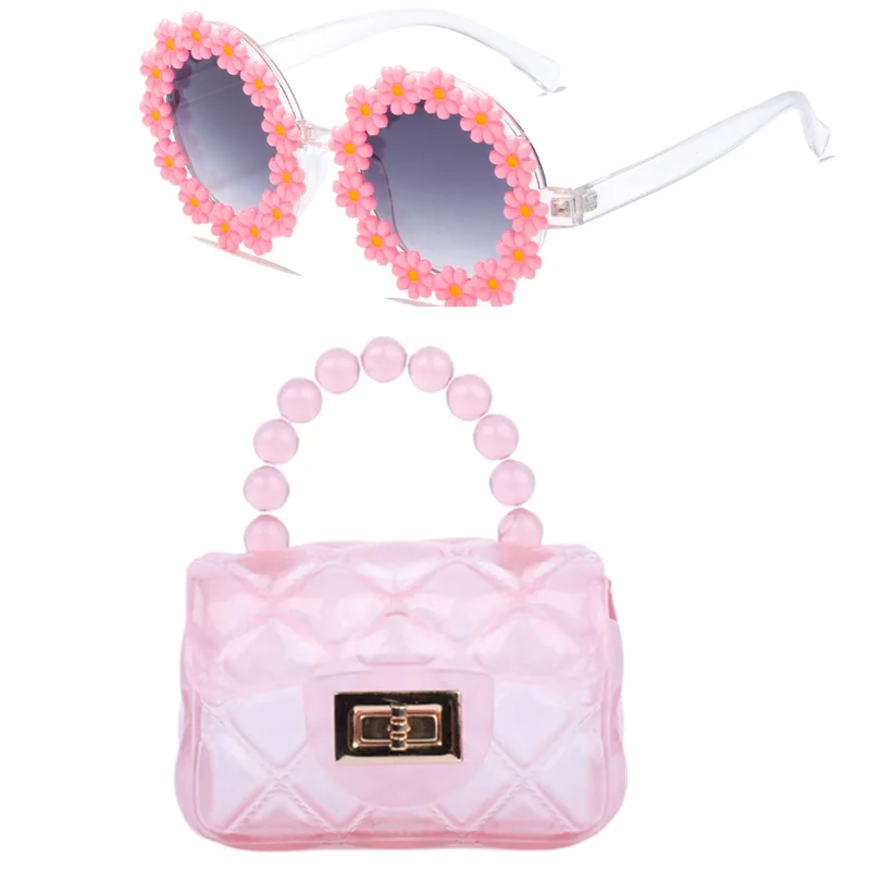 2024 Summer Colorful Candy PVC Little Girls  Mini Purse Kids Jelly Shoulder Bag and kid sunglasses set