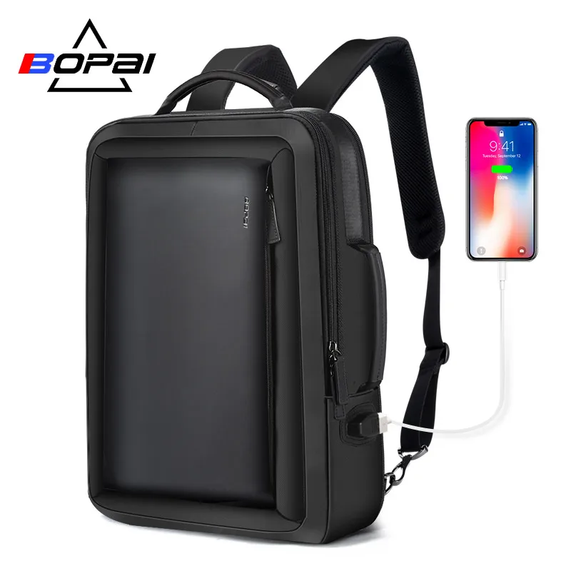 BOPAI Men Business Travel Waterproof Expandable Laptop Bag 15.6 Inch USB Charging Anti Theft Office Backpack