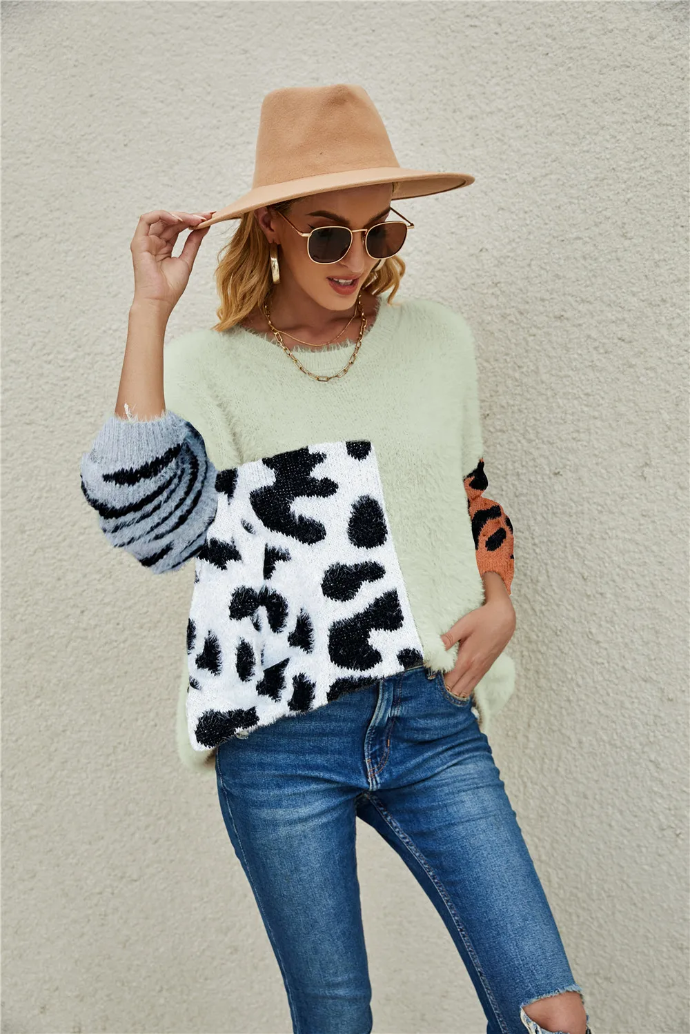 Winter Women Leopard Zebra Patchwork Soft Knitted Pullover Sweater