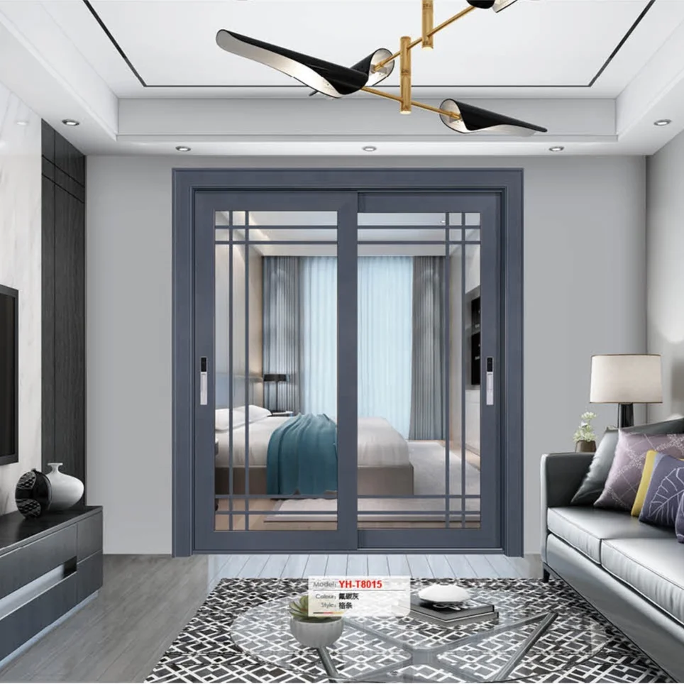 
Factory price strong frame double tempered grey color aluminium glass sliding door for villa 