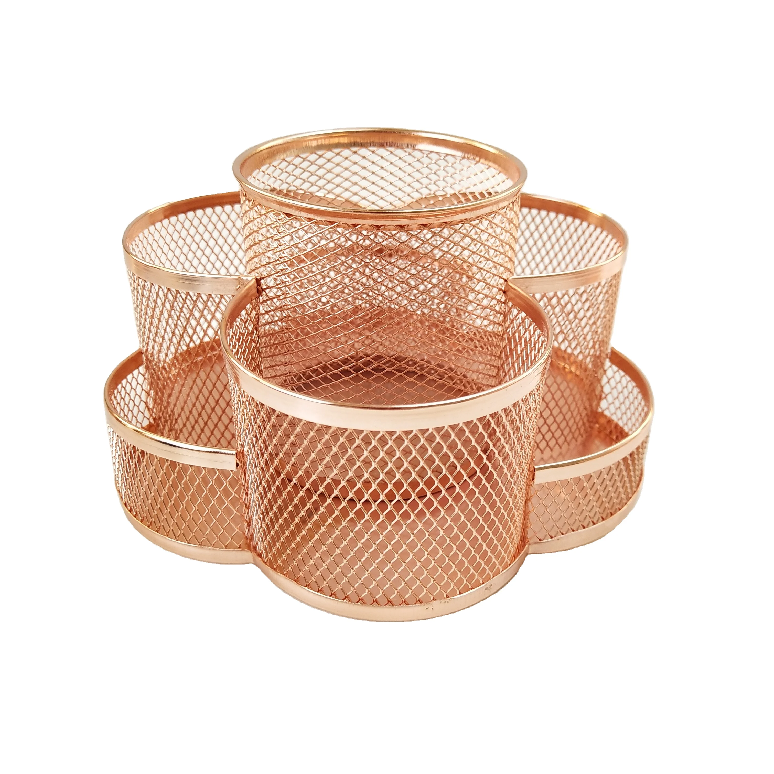 Stationary Accessories Multi-functional Metal Mesh Rose Gold Round Rotating Base Pen Stand Desk Organizer Pencil Pen Holder