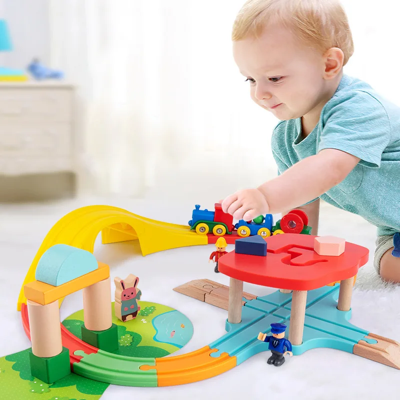Montessori Baby Wooden DIY Magnetic Railway Track Vehicle Train Set Game EducationalTracking Toys For Kids Boys Girls