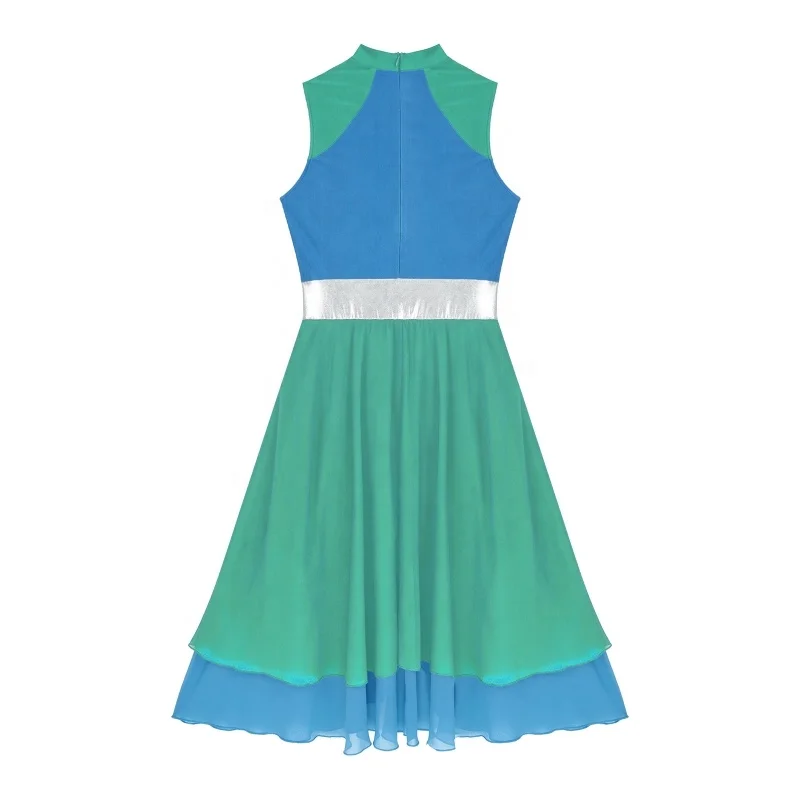 Newest Womens Color Block Mock Neck Split Asymmetrical Hem Dancewear Dresses Sleeveless Dance Dress