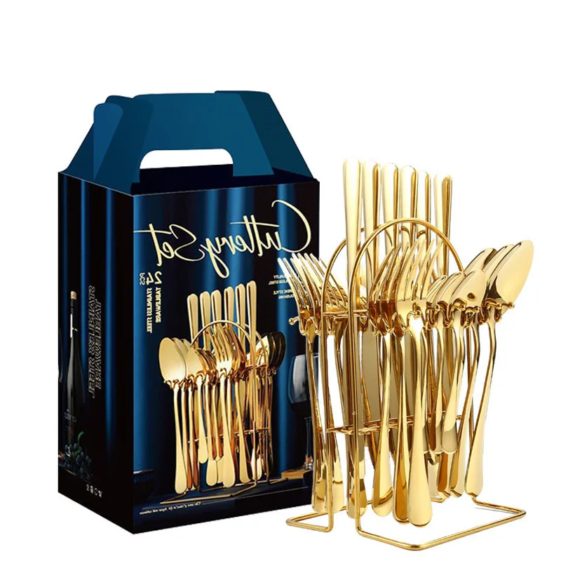 Best Selling Stainless Steel Golden Spoon Set 24pcs Gold Flatware Classic Cutlery Set With Stand