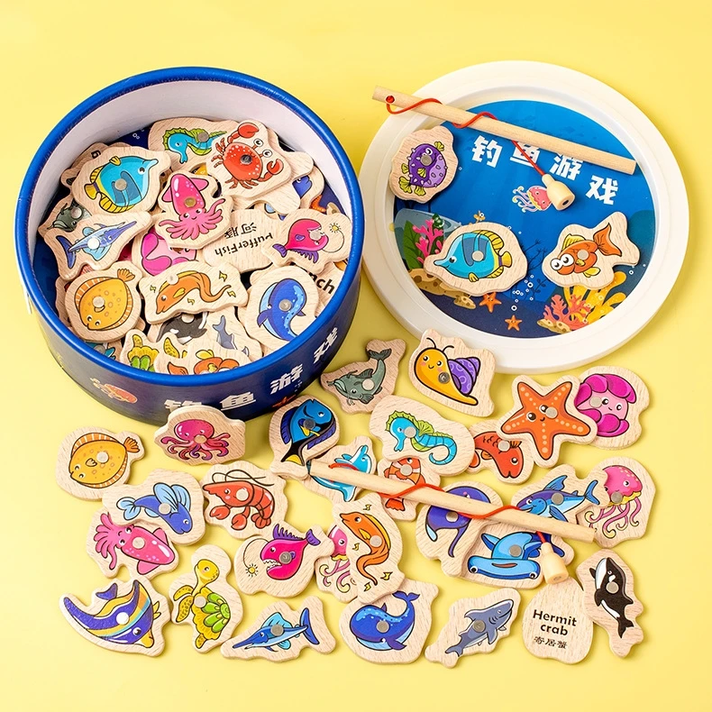 Fine Motor Skill Toy Fish Cognition Puzzle Montessori Wooden Magnetic Fishing Game