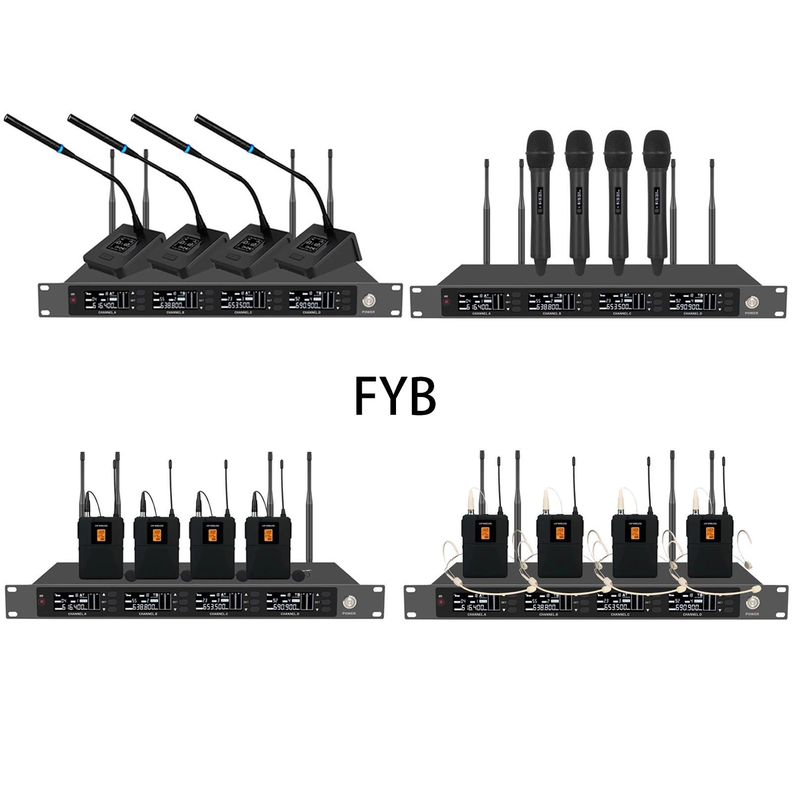 UHF Wireless Microphone Conference Set (1 Receiver + 4 Desktop Gooseneck Mic), True Diversity, Adjustable Frequency