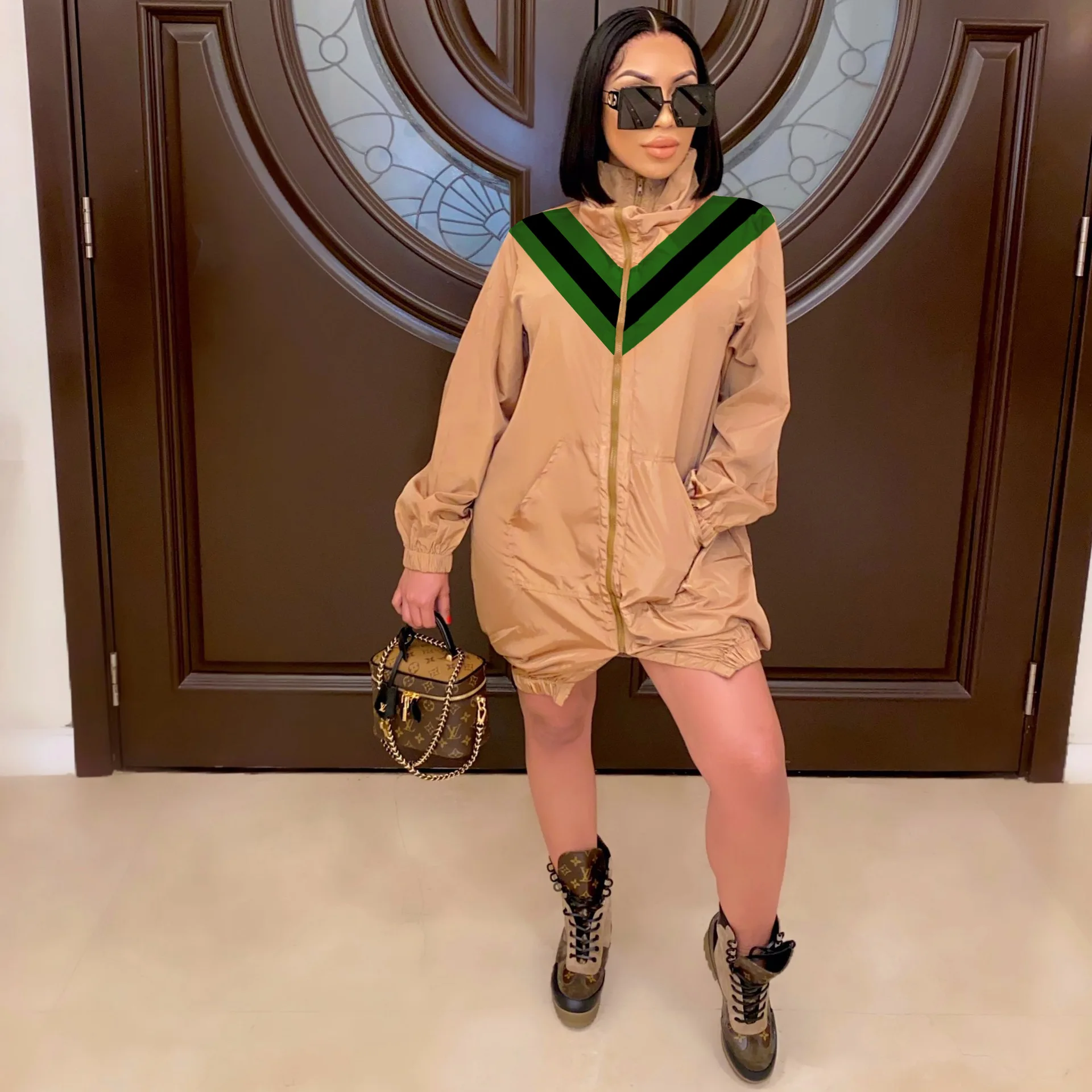 XLL Осенняя Длинная зимняя Полиэстеровая ветровка с длинным рукавом, с принтом спереди, длинное пальто для женщин, повседневная куртка на молнии с разрезом