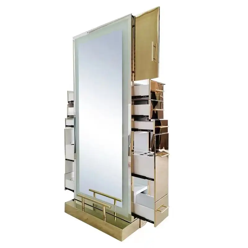 Luxury beauty salon equipment barber station gold stainless steel light smart beauty salon mirrors led salon mirror