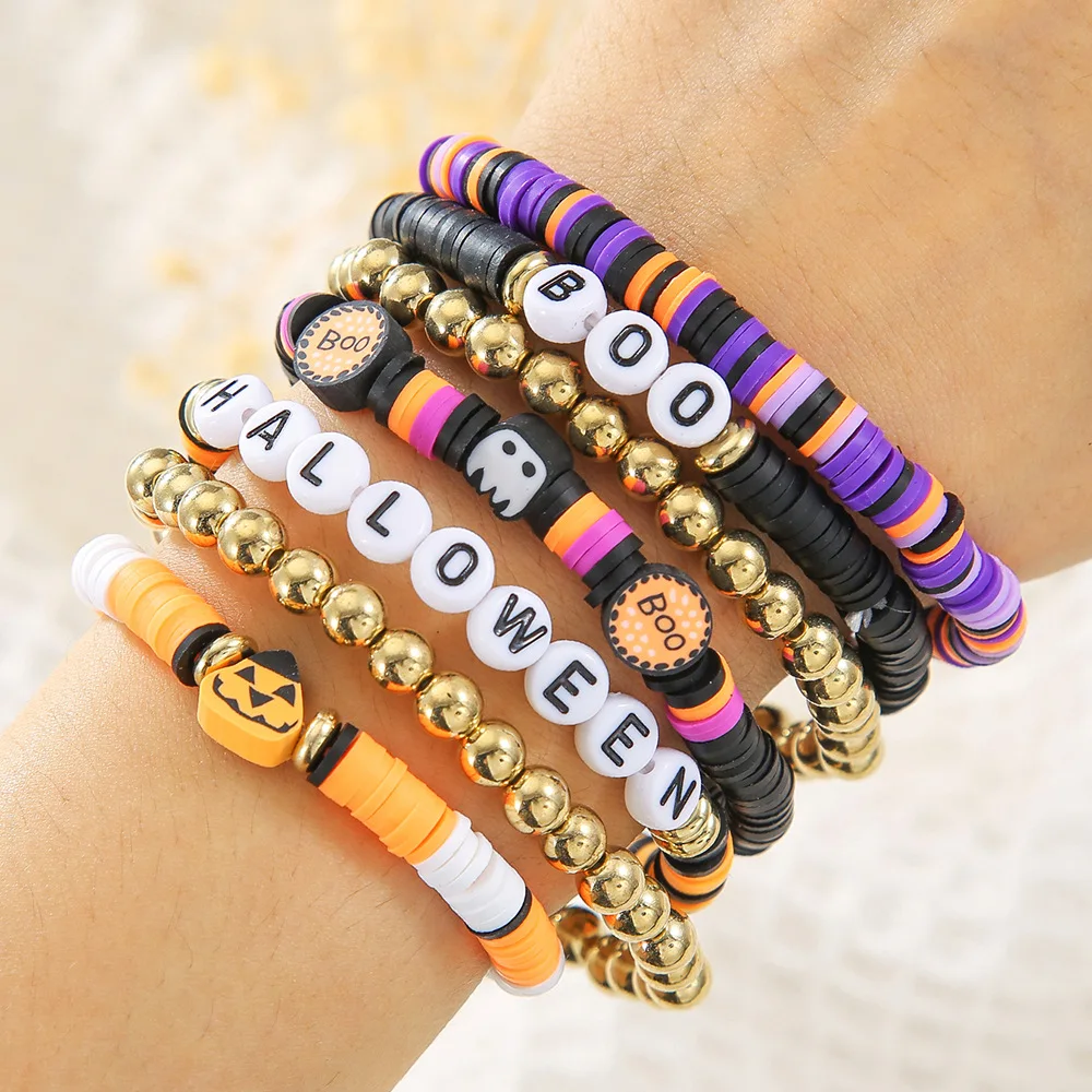 New Spider Skull BOO English Letter Bracelet Halloween Pumpkin Soft Clay Bracelet Set