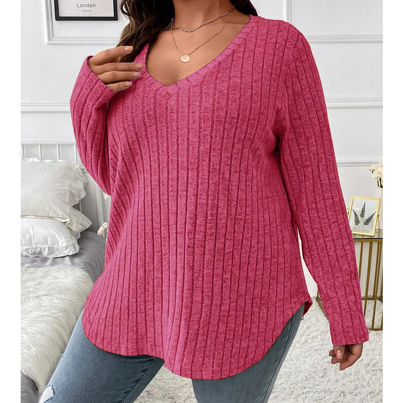 Wholesale solid oversized Tee shirt V neck long sleeve top plus size fleese pit stripe brushed ribbed women blouses shirts