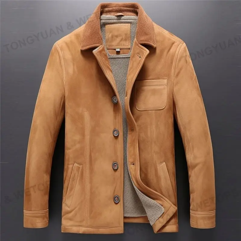 High Quality Suede Jacket For Men Classic Four-Button Lapel Plus Size Winter Men Solid Suede Jacket