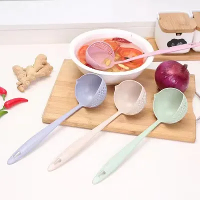 2024 Household kitchen spoon wheat straw two-in-one long handle plastic colander filter creative tableware hot pot scoop