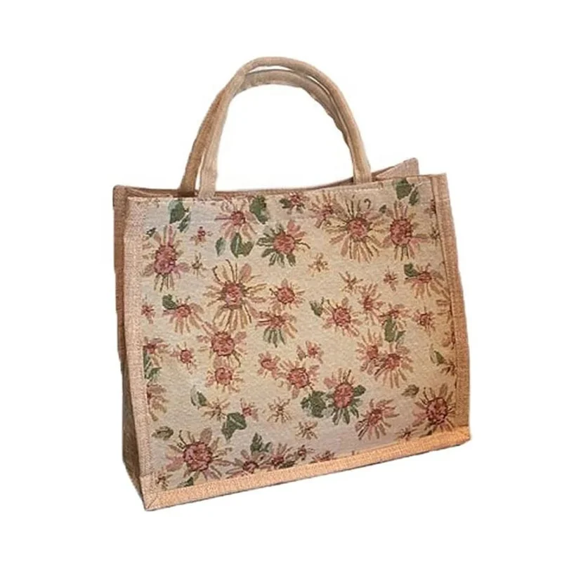 High Quality Printing Larger Capacity Reusable Burlap Shopping Tote Bags Flax Jute Beach Bag