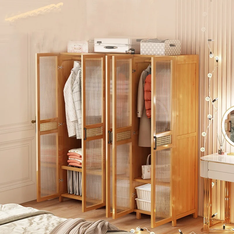 Simple  Solid Wood Minimal Rent Room Hanging Wardrobe Cane Weaving Bedroom Clothes Storage cabinet 2022WL-034