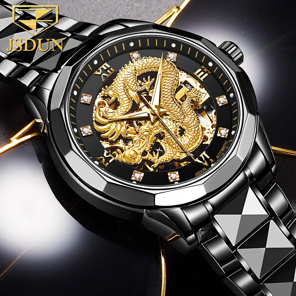 JUDUN Automatic Imported Movement Man Watches Dragon Fashion Classic New Design Black Mechanical Men Watch