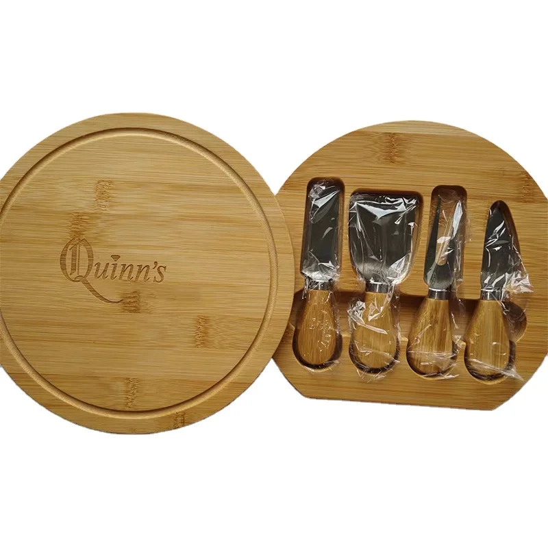 Custom Engraved Kitchen Bamboo Round Square Swiveling Rotary Slate Table Cheese Plate Boards With Knife And Fork Set
