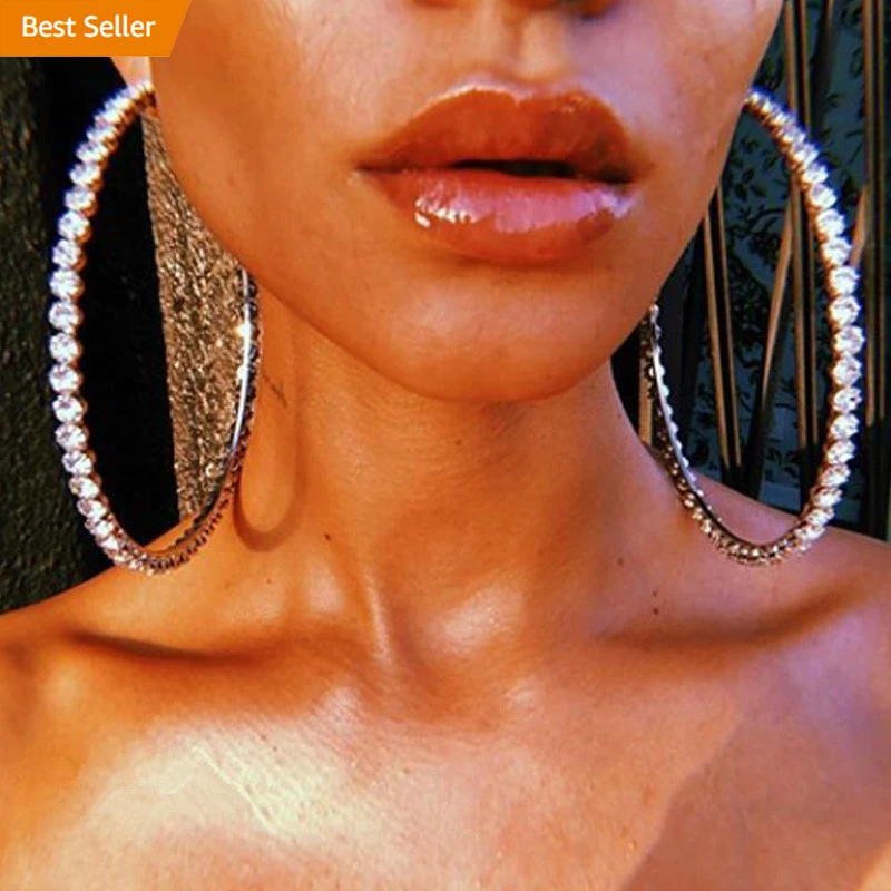 Bling 4-12CM Statement Exaggerated Oversized Sexy Iced Out Rhinestone Crystal Big Large Round Hoop Earrings Jewelry for Women