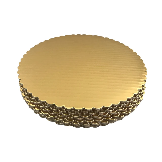 Gold Corrugated Cake Board Laminated Circle Scalloped Cardboard Round Base, Pizza, Pie, Desserts and Pastries Food Trays Accept