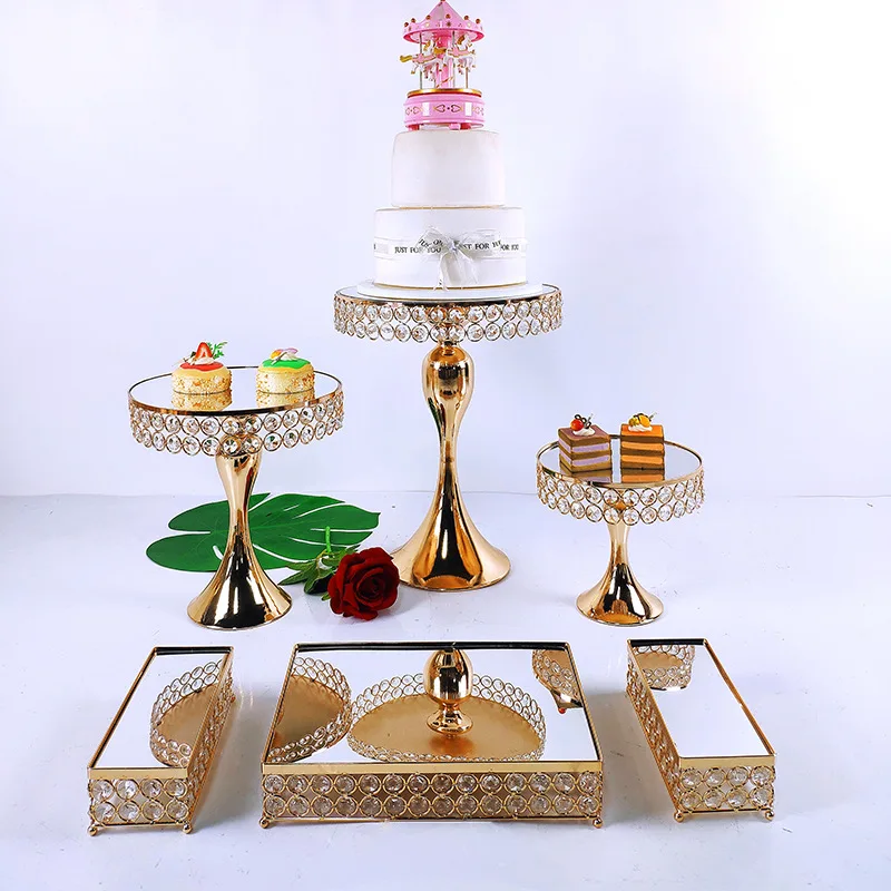 Wholesale customized Electroplating golden high-leg cake stand set wedding tray dessert dessert display table mirror 3-16 pieces