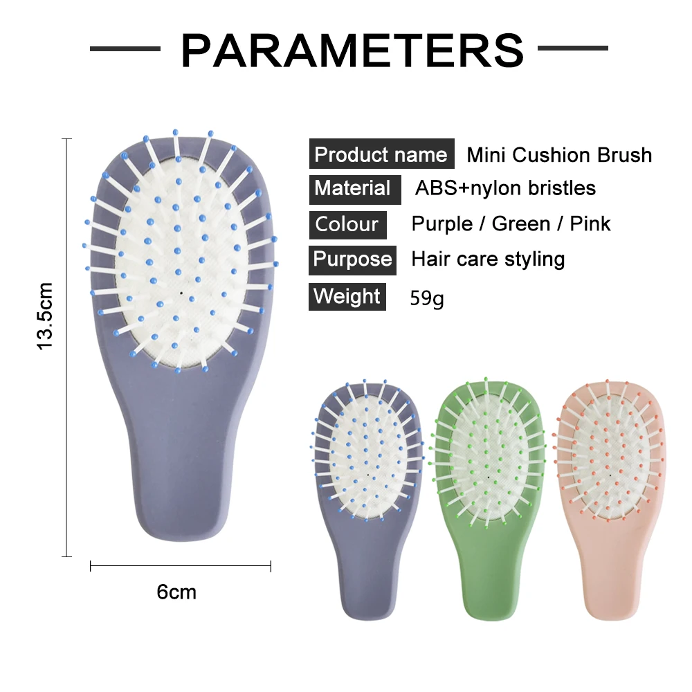 Colorful Cute Portable Mini Size Baby Travel Pocket Oval Cushion Rubber Touch Plastic Hair Brush For Kids With Nylon Pins