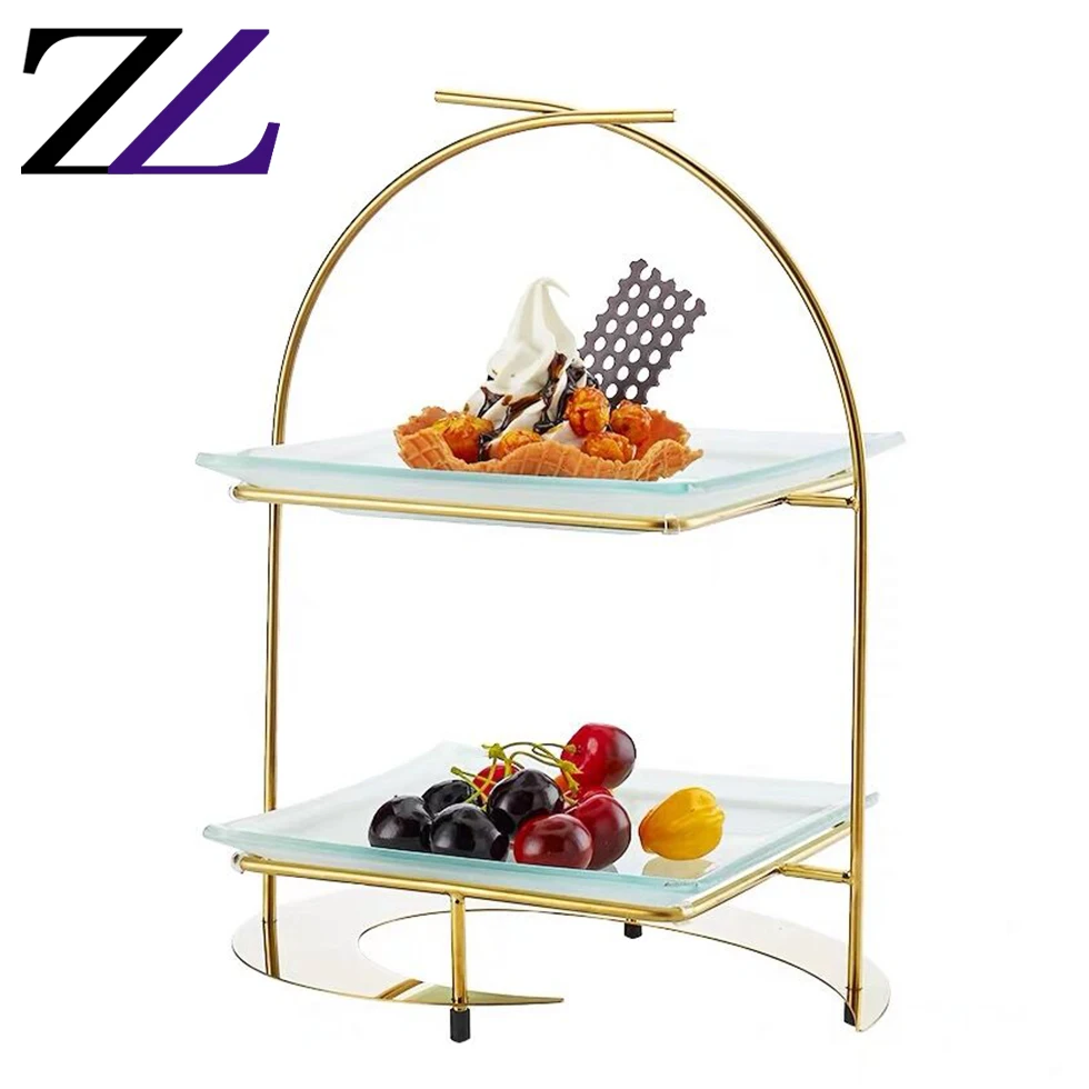 Restaurant buffet dessert decorative riser ceramics plate gold colorful metal cake 2 tier cupcake stand cupcake display trays