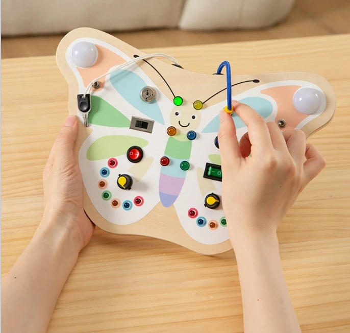 wholesale educational toy factory direct selling Montessori Wooden Busy Board with LED Light switches Sensory Toys OEM ODM