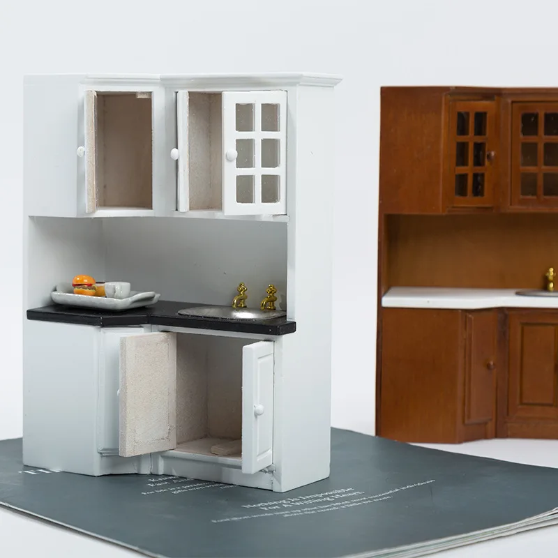 Mini Dollhouse Wooden Wash Basin Cabinet Miniature Furniture Realistic Kitchen Sink for Doll House Bathroom Kitchen Decor
