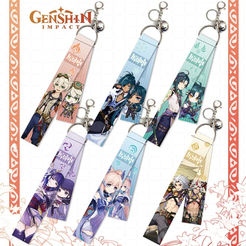 Game Character Printing Anime Genshin Impact Ribbon Hutao Zhongli Xiao Mobile Bag Pendant Lanyard Keychain