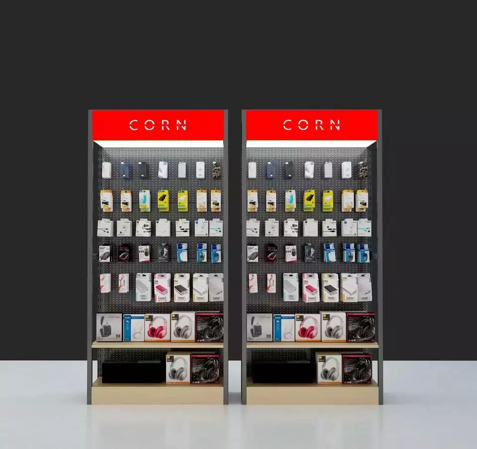 Attractive Retail Store Pegboard Display Racks For Headphone Mobile Accessories Exhibition with storage box and hanger