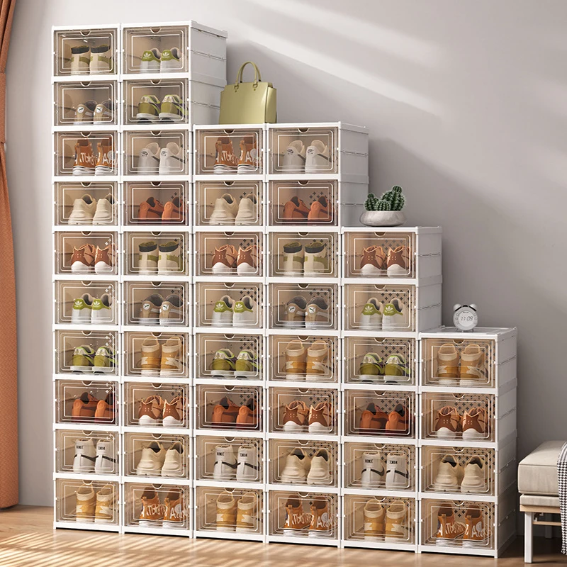 No Assembly Shoe Organizer Rack All-in-one Foldable Stackable Clear Plastic Shoe Storage Box Boots Sneaker Container Bins Holder