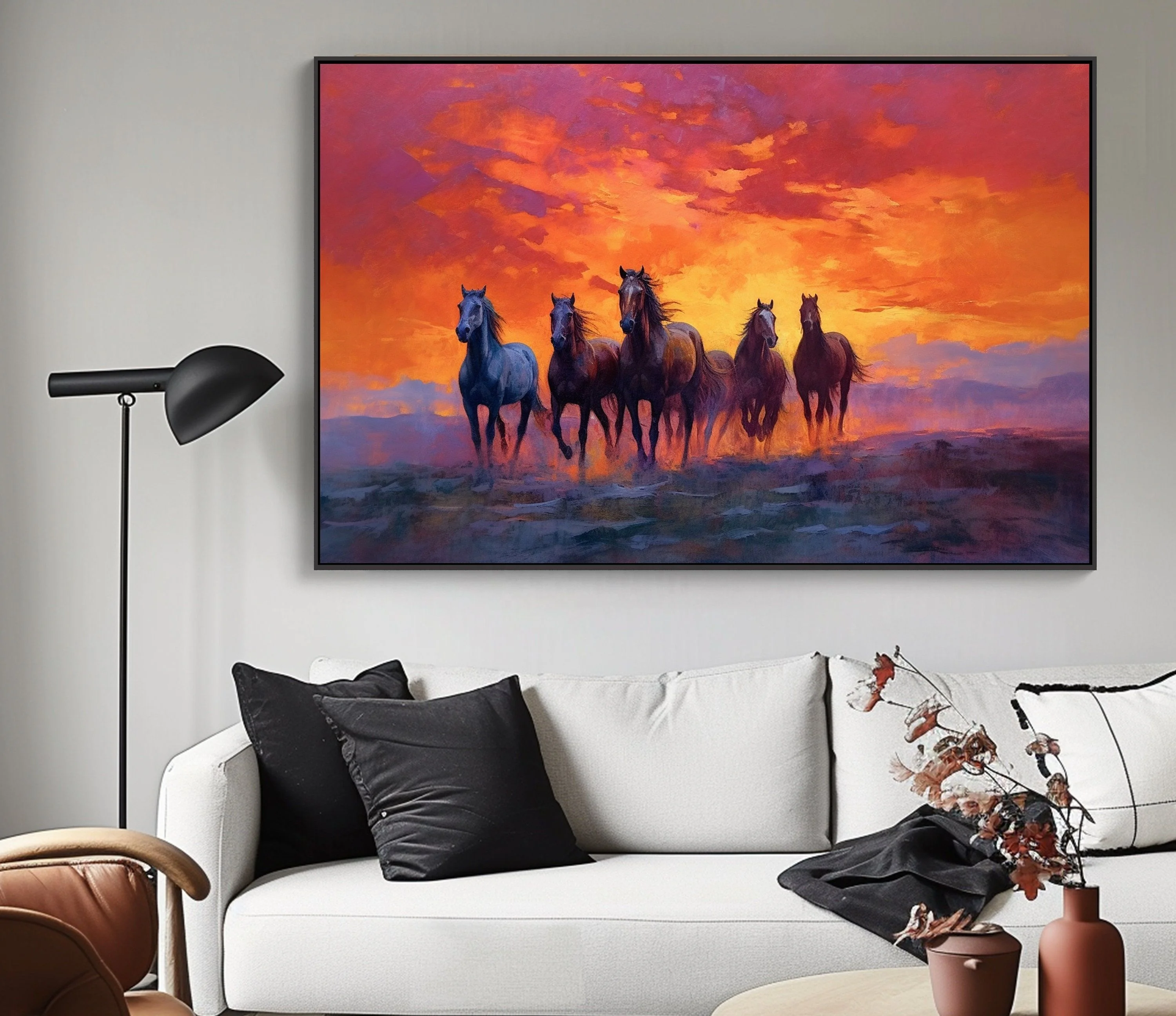 New 100% Handpainted Traditional Chinese Horses Oil Painting on Canvas Featuring Scenic Subjects