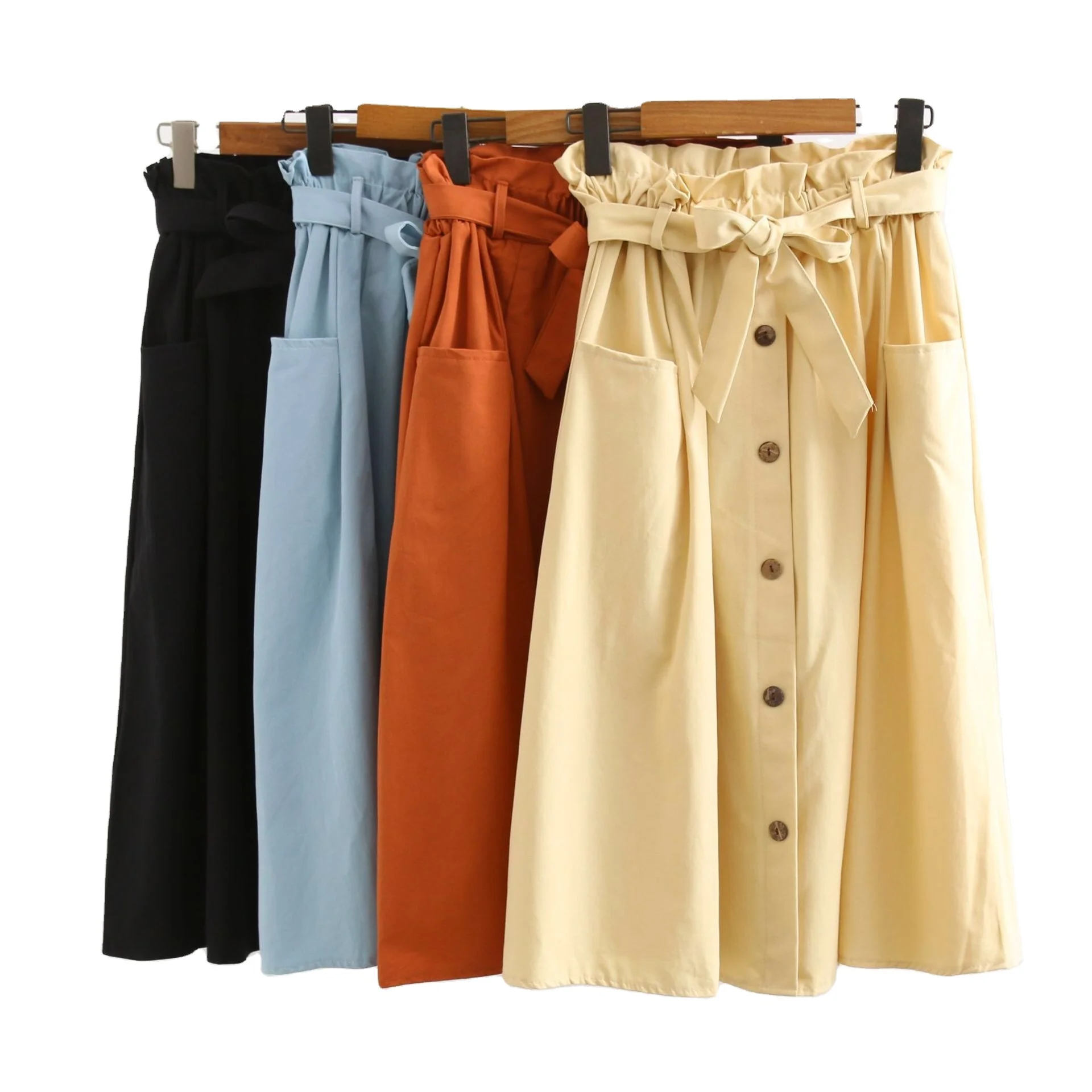 Summer Autumn Skirts Womens 2021 Midi Knee Length Korean Elegant Button High Waist Skirt Female Pleated School Skirt