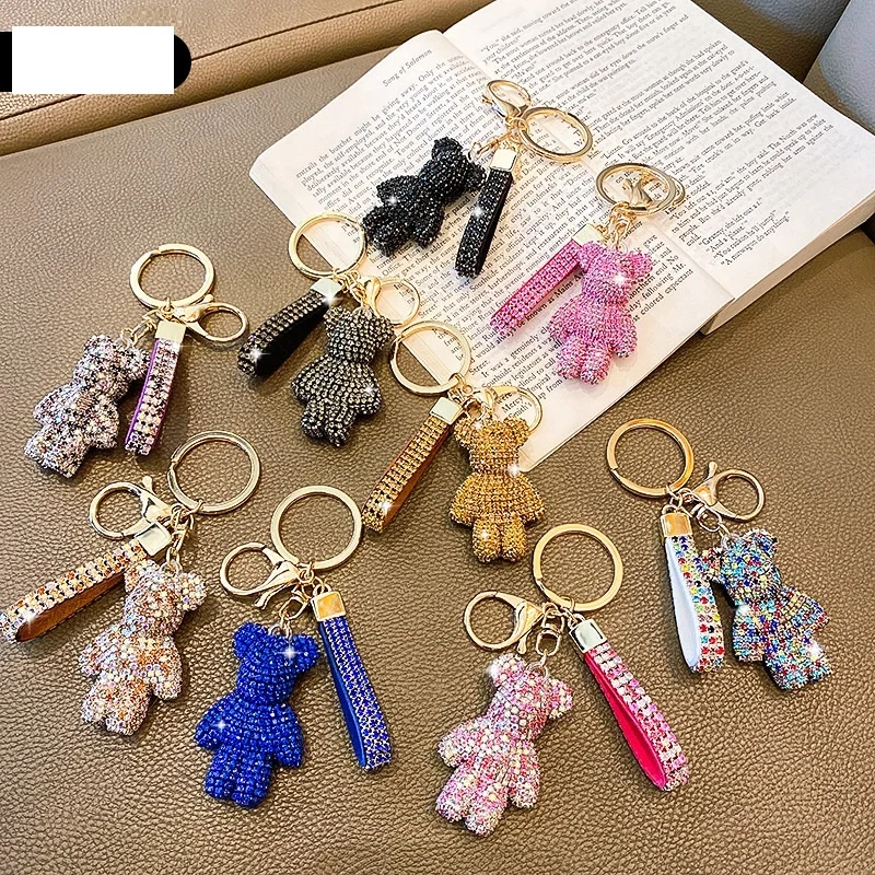 Luxury Colorful Crystal Rhinestone Teddy Bear Keychain Leather Bling Glitter Car Key Chain Accessories Diamond Bear Keychain